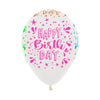 GLOBO LATEX REDONDO INFINITY® HAPPY BIRTHDAY SPLASH NEON FASHION TRANSPARENTE