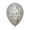 ROUND LATEX BALLOON 2 SIDES HAPPY BIRTHDAY TRIANGLES REFLEX SILVER