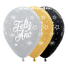 GLOBO LATEX REDONDO INFINITY® FELIZ AÑO ESTRELLAS SATIN Y METAL SURTIDO DELUXE