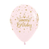 GLOBO LATEX REDONDO INFINITY® HAPPY BIRTHDAY CORONAS ESCARCHADO PASTEL MATE ROSADO