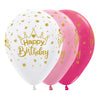 GLOBO LATEX REDONDO INFINITY® HAPPY BIRTHDAY CORONAS SATIN Y METAL SURTIDO